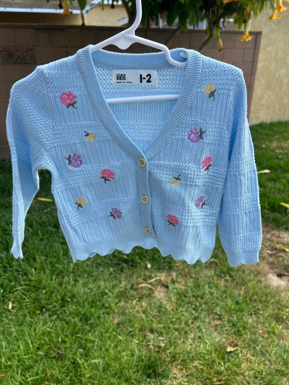 Cotton On Kids Light Blue Knit Cardigan with Floral Embroidery